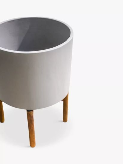Concrete Indoor Plant Pot with Wood Stand, 22cm, Cement