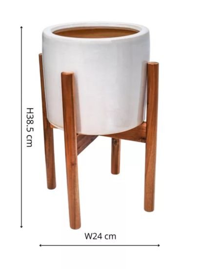 Indoor Ceramic Planter & Wood Stand, 24cm
